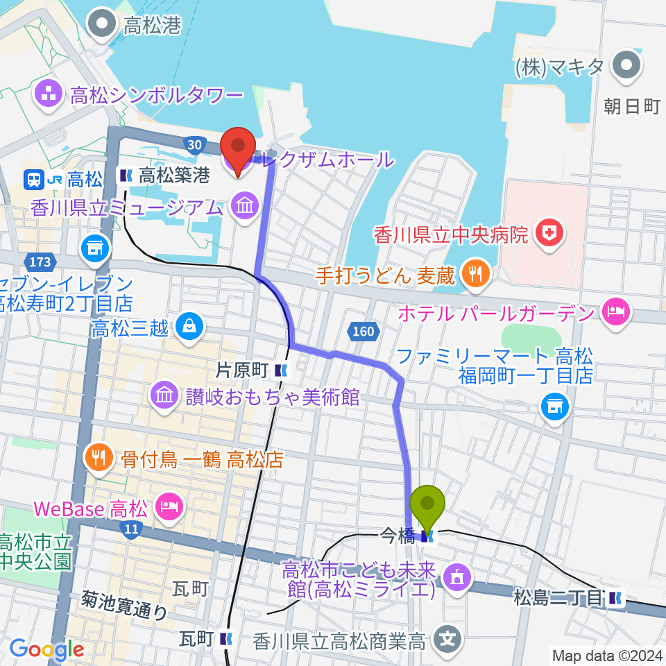 今橋駅から香川レクザムホールへのルートマップ地図