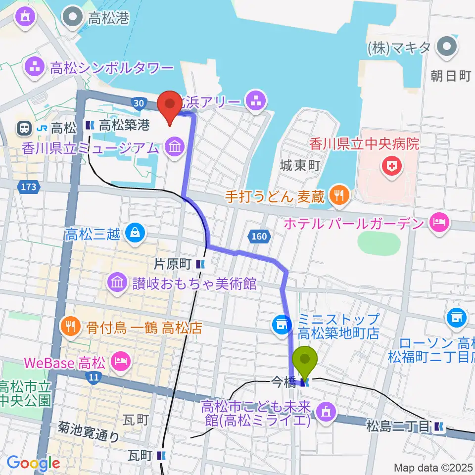 今橋駅から香川レクザムホールへのルートマップ地図