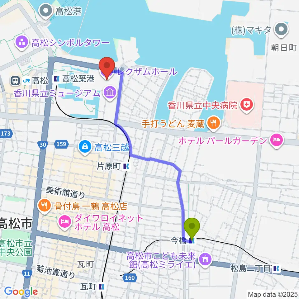 今橋駅からレクザムホールへのルートマップ地図