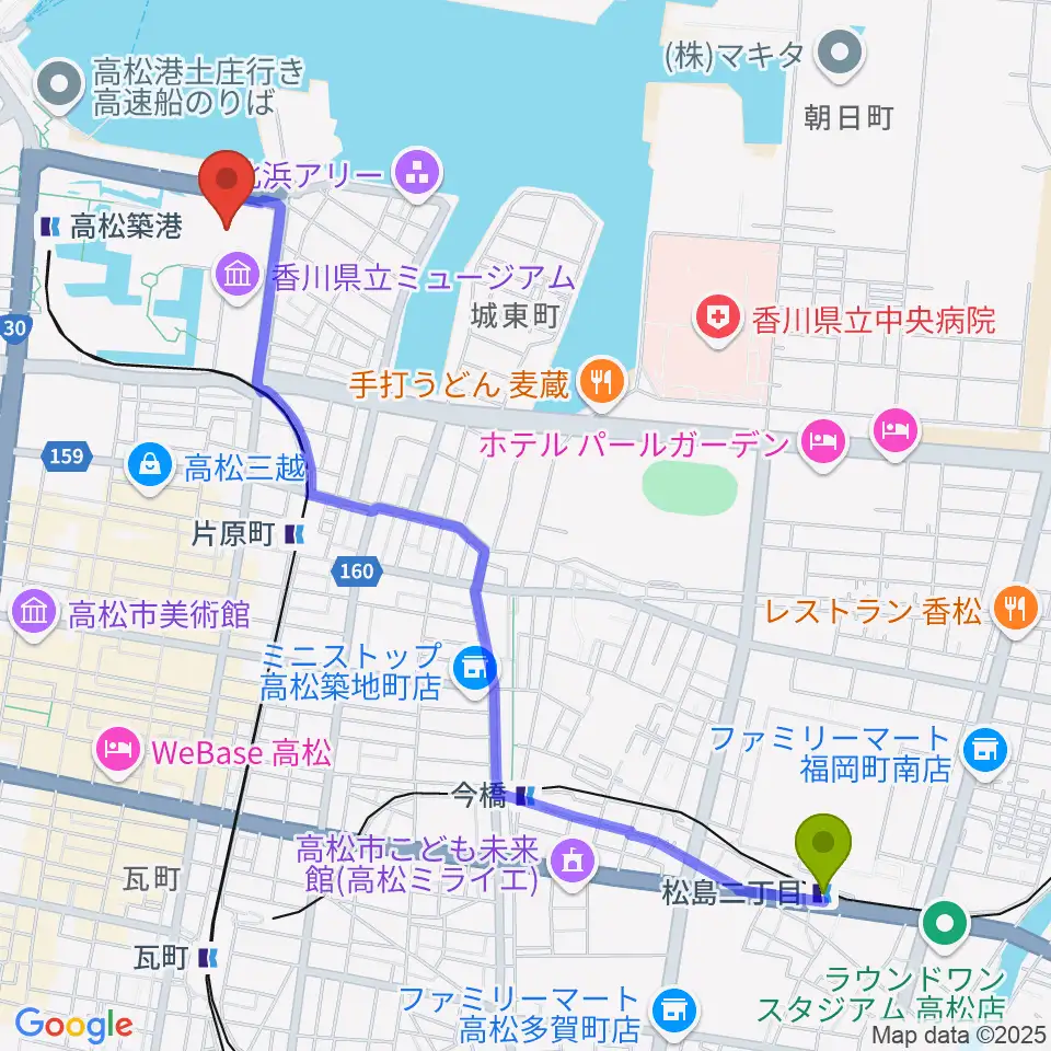 松島二丁目駅から香川レクザムホールへのルートマップ地図