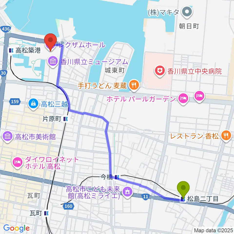 松島二丁目駅からレクザムホールへのルートマップ地図