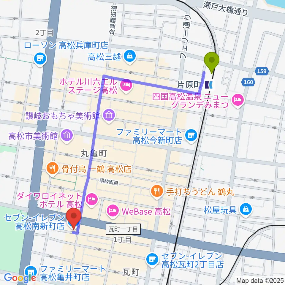 片原町駅から高松DIMEへのルートマップ地図