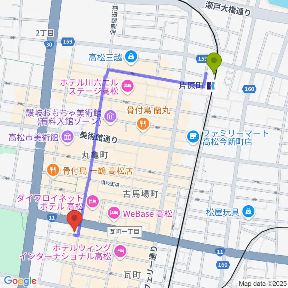 片原町駅から高松DIMEへのルートマップ地図