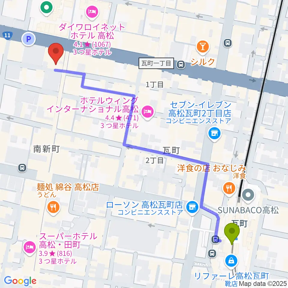 高松DIMEの最寄駅瓦町駅からの徒歩ルート（約7分）地図