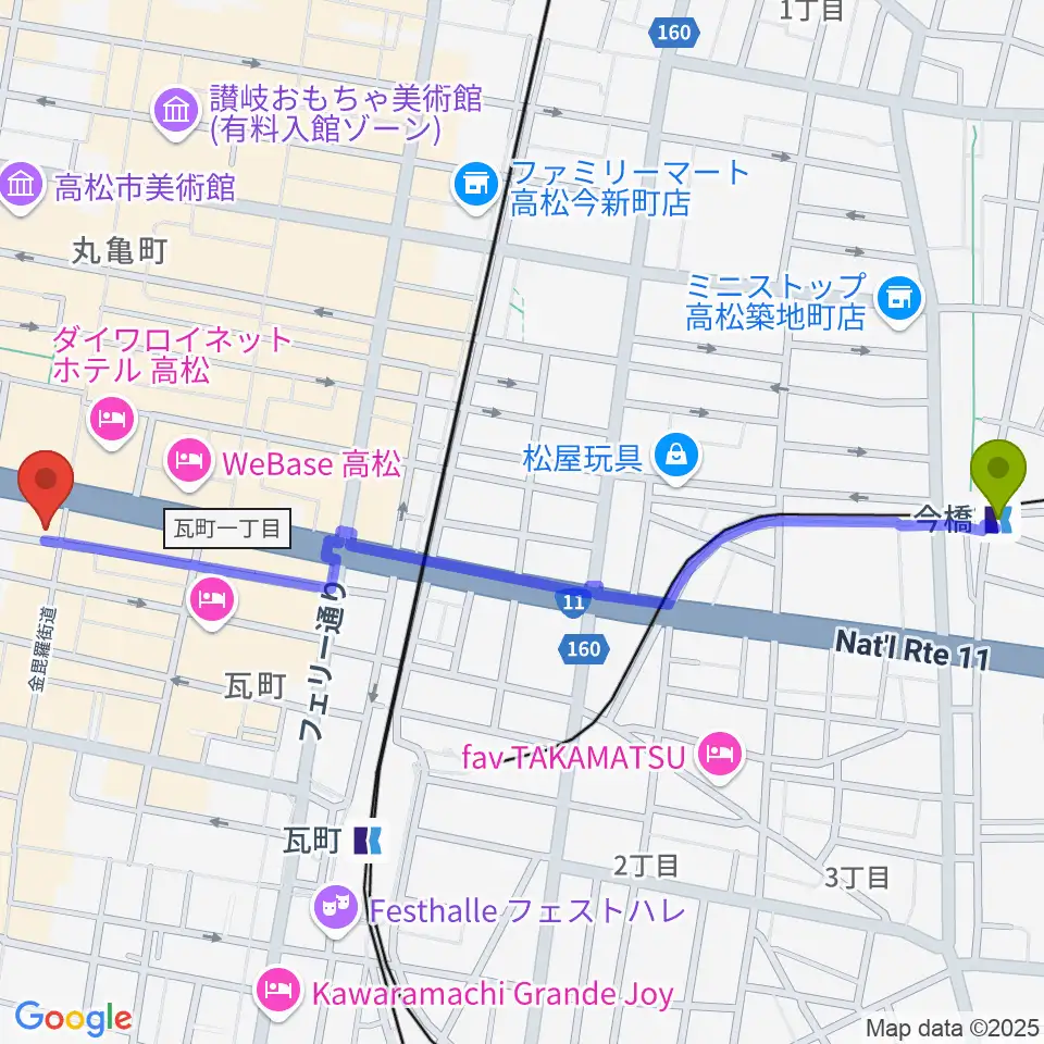 今橋駅から高松DIMEへのルートマップ地図
