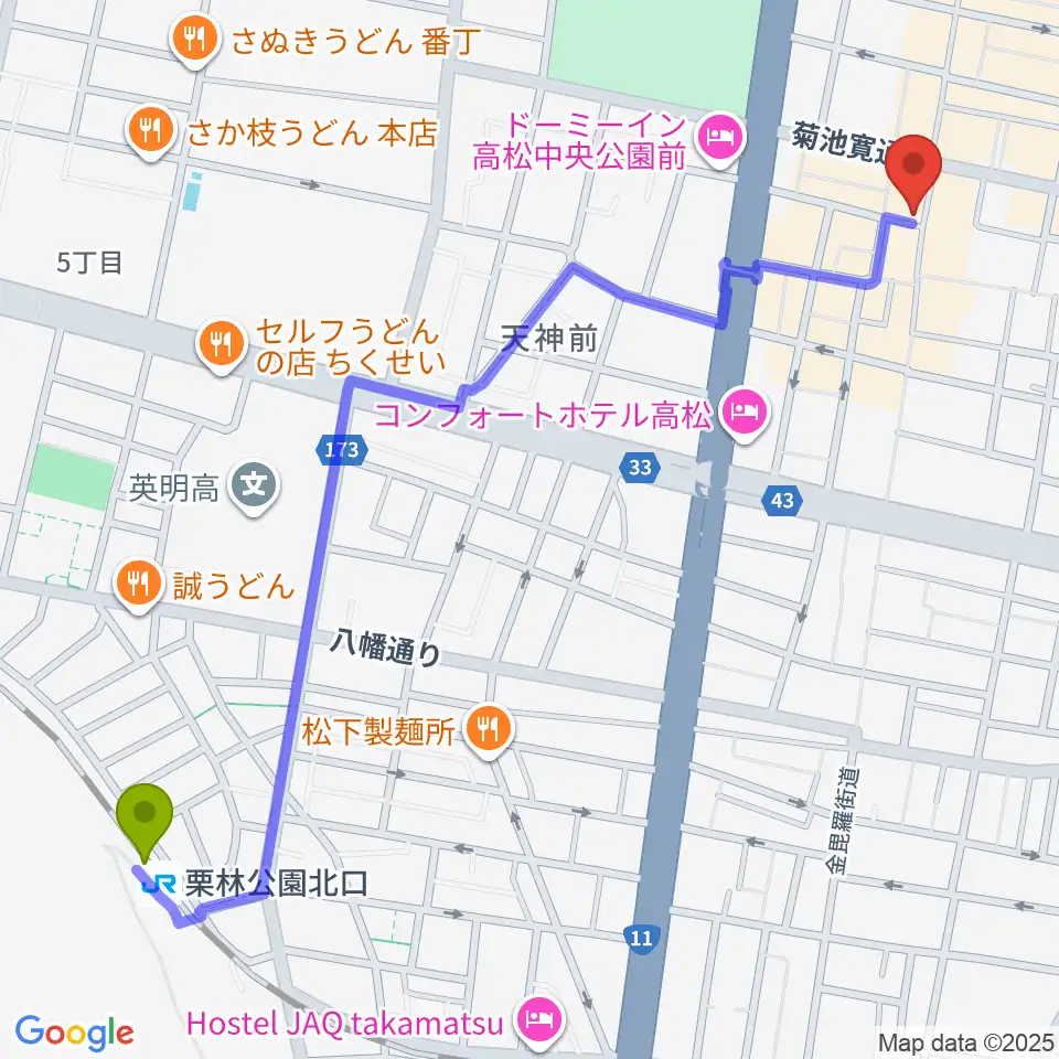 栗林公園北口駅から高松オリーブホールへのルートマップ地図