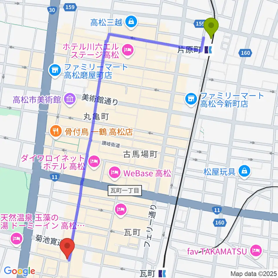 片原町駅から高松オリーブホールへのルートマップ地図