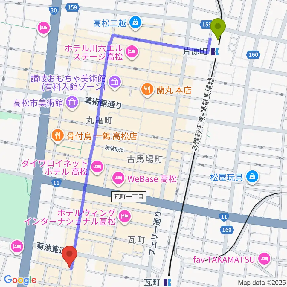 片原町駅から高松オリーブホールへのルートマップ地図