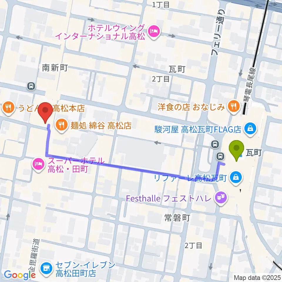 高松オリーブホールの最寄駅瓦町駅からの徒歩ルート（約5分）地図