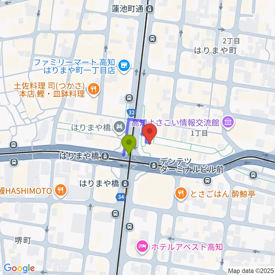 高知クロスポイントの最寄駅はりまや橋駅からの徒歩ルート（約1分）地図