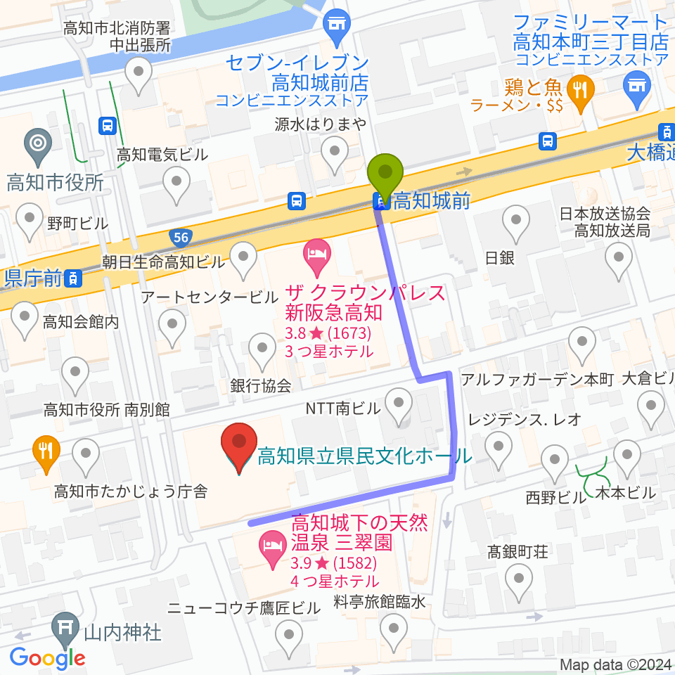 高知県立県民文化ホールの最寄駅高知城前駅からの徒歩ルート（約4分）地図