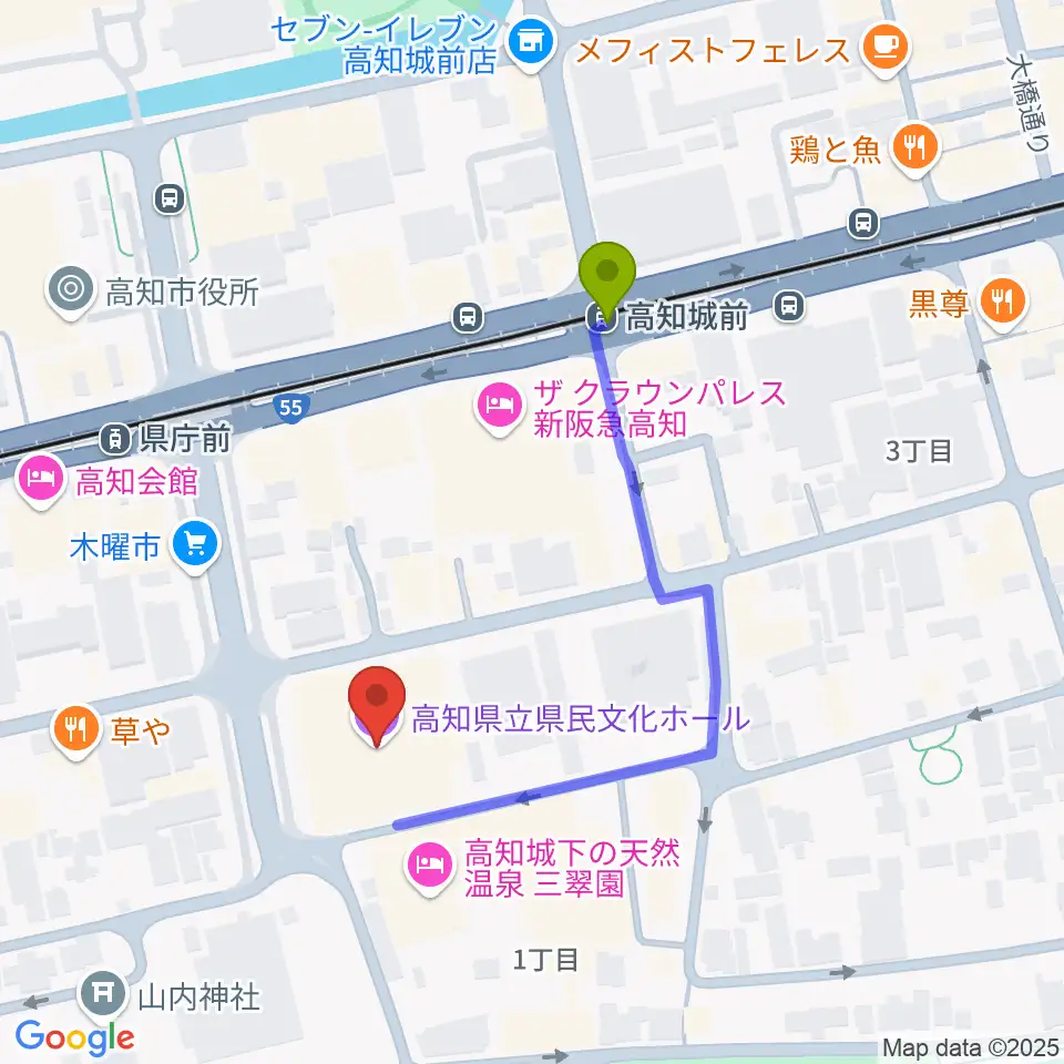 高知県立県民文化ホールの最寄駅高知城前駅からの徒歩ルート（約4分）地図