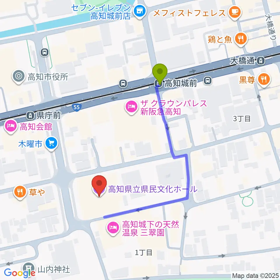 高知県立県民文化ホールの最寄駅高知城前駅からの徒歩ルート（約4分）地図