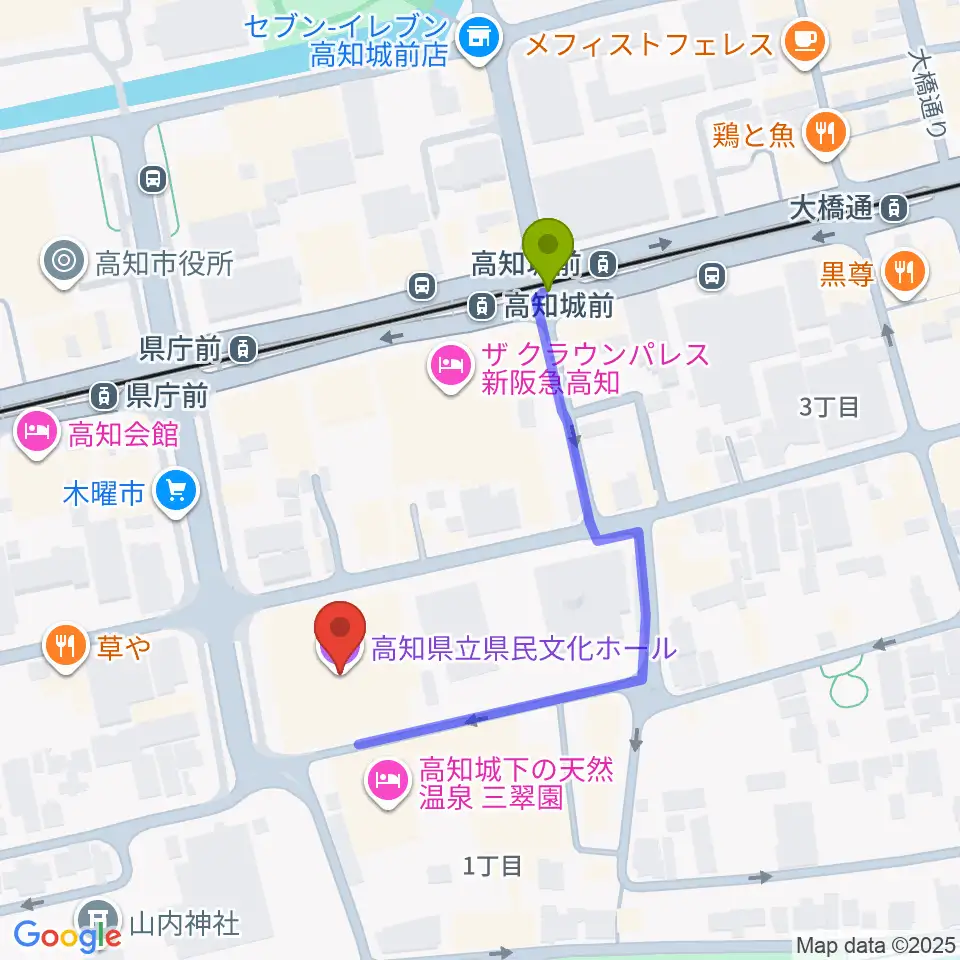 新来島高知重工ホールの最寄駅高知城前駅からの徒歩ルート（約4分）地図