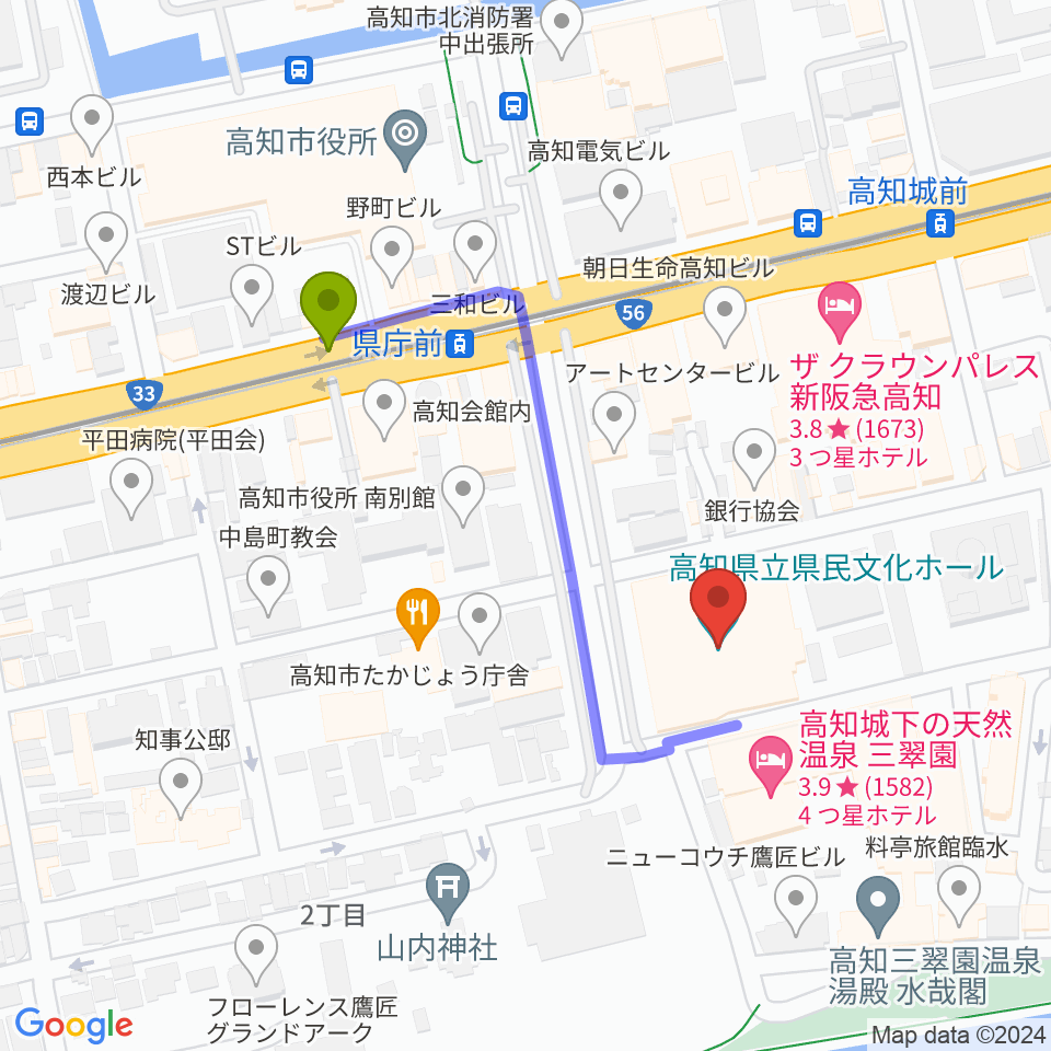 県庁前駅から高知県立県民文化ホールへのルートマップ地図