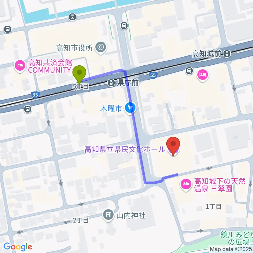 県庁前駅から高知県立県民文化ホールへのルートマップ地図