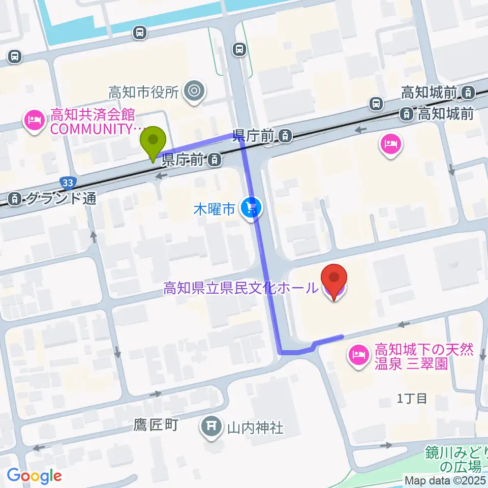 県庁前駅から新来島高知重工ホールへのルートマップ地図