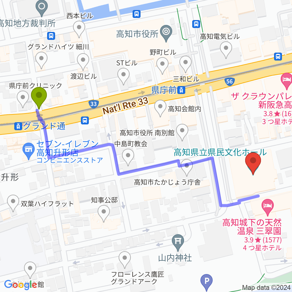 グランド通駅から高知県立県民文化ホールへのルートマップ地図