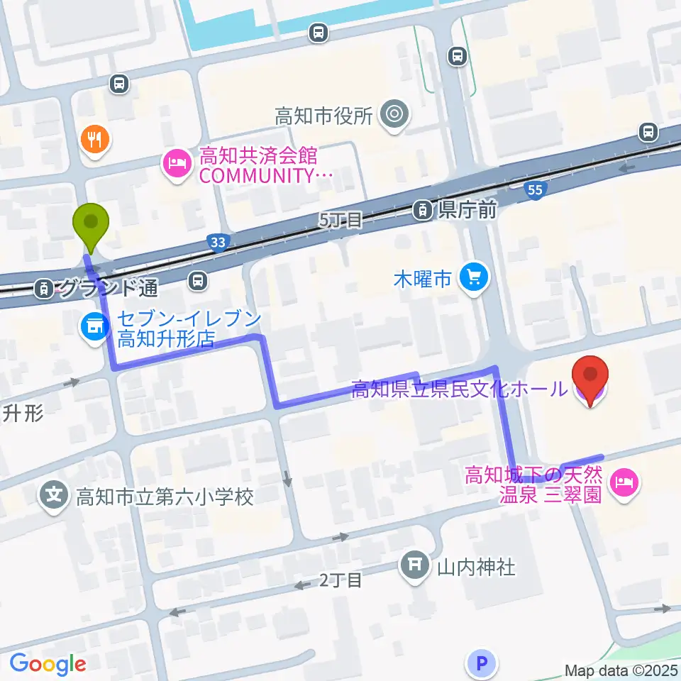 グランド通駅から高知県立県民文化ホールへのルートマップ地図
