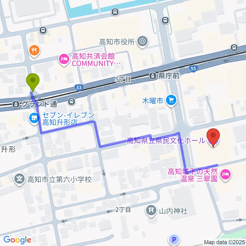 グランド通駅から高知県立県民文化ホールへのルートマップ地図