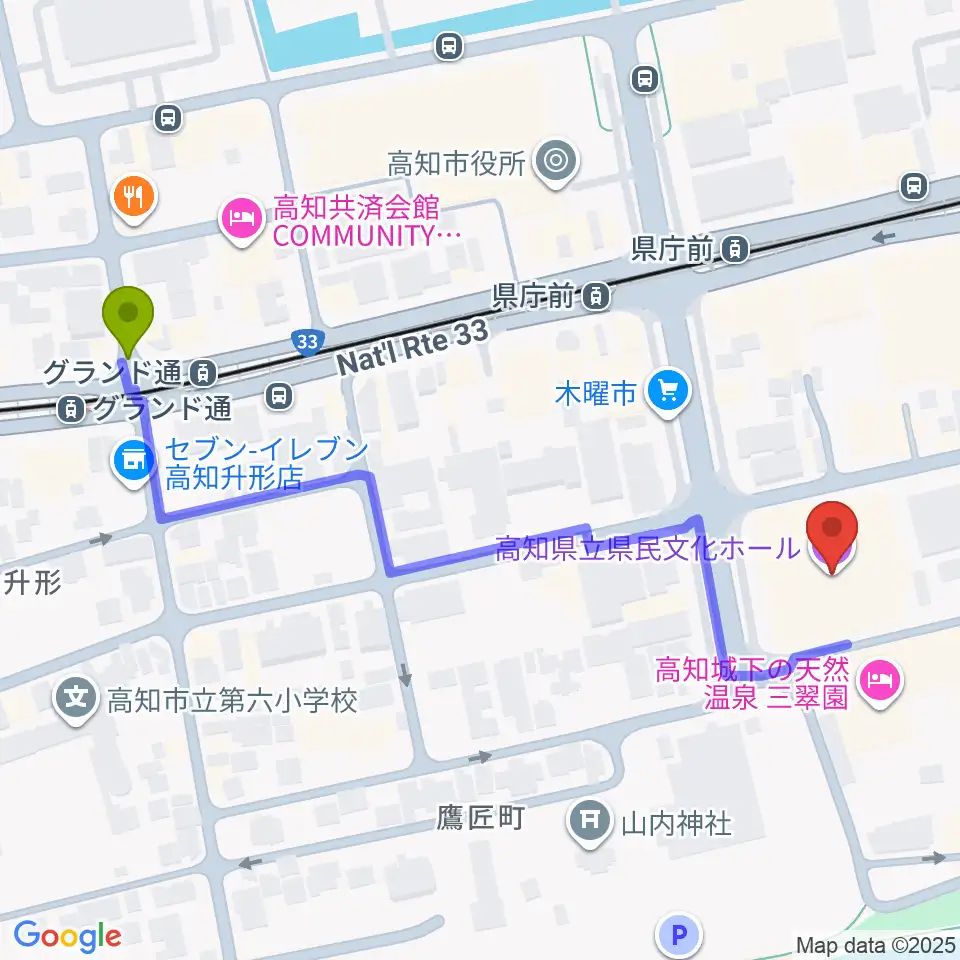 グランド通駅から新来島高知重工ホールへのルートマップ地図