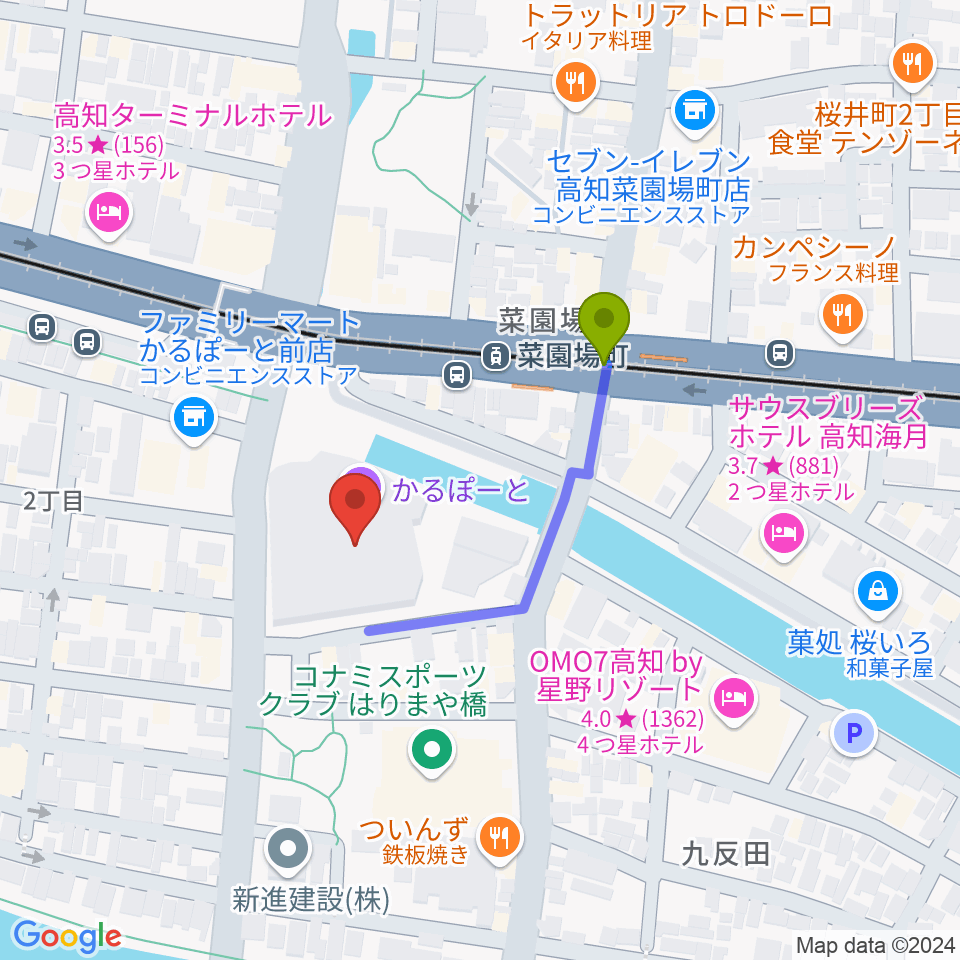 高知市文化プラザ かるぽーとの最寄駅菜園場町駅からの徒歩ルート（約3分）地図