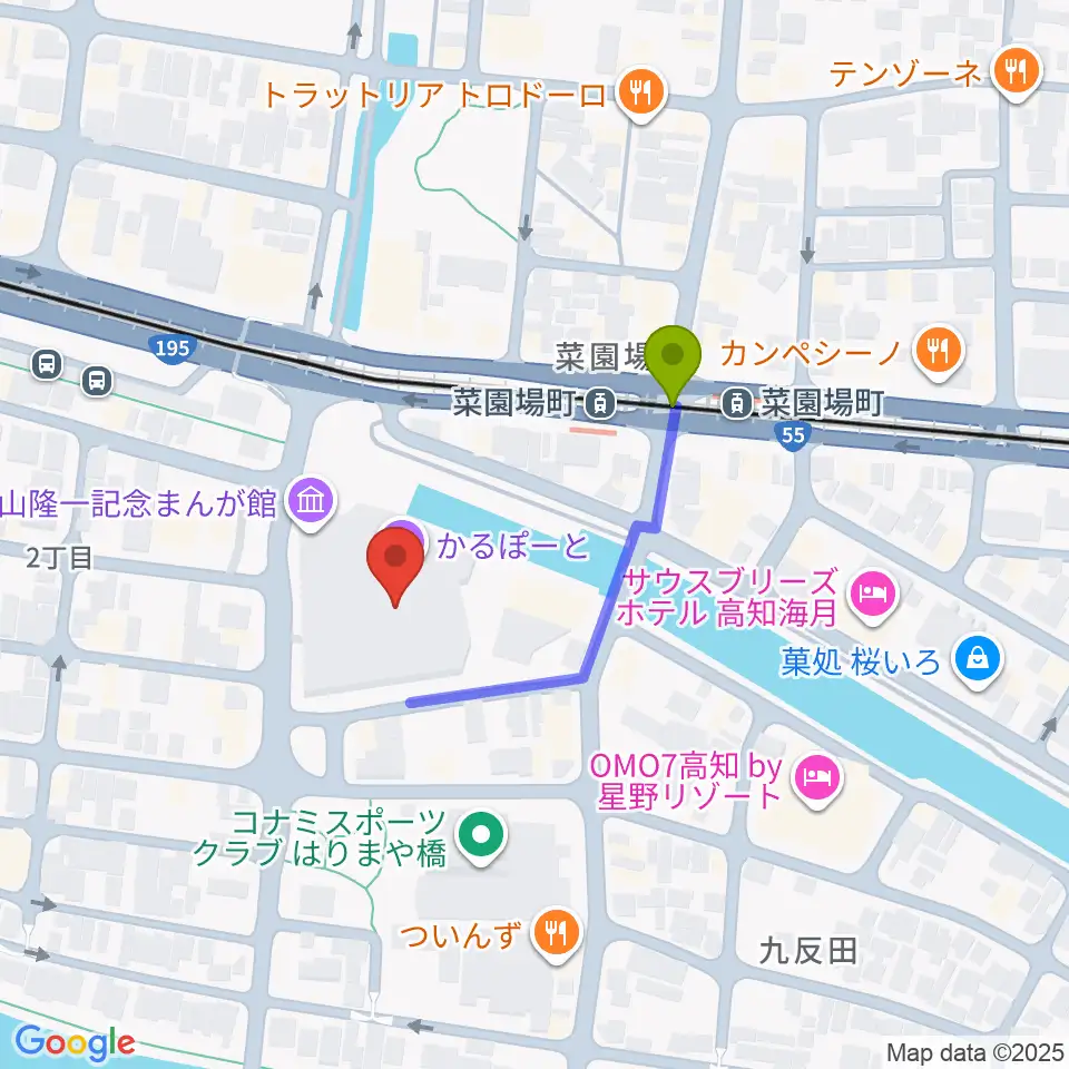 高知市文化プラザ かるぽーとの最寄駅菜園場町駅からの徒歩ルート（約3分）地図