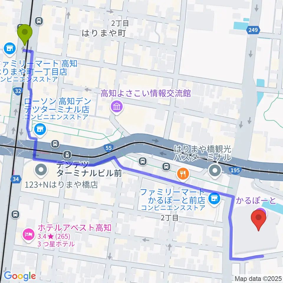 蓮池町通駅から高知市文化プラザ かるぽーとへのルートマップ地図