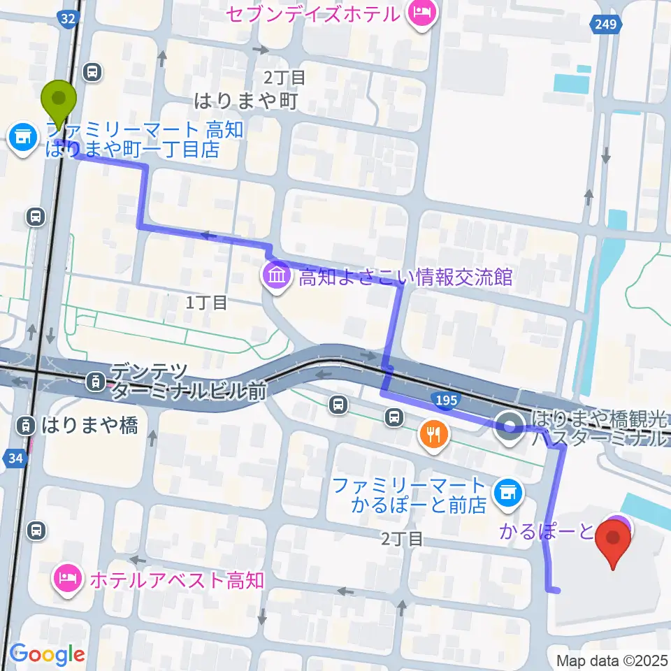 蓮池町通駅から高知市文化プラザ かるぽーとへのルートマップ地図