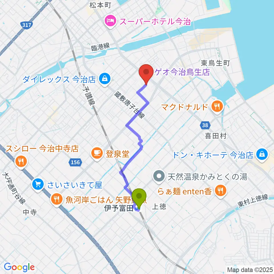 今治ジャムサウンズの最寄駅伊予富田駅からの徒歩ルート（約29分）地図