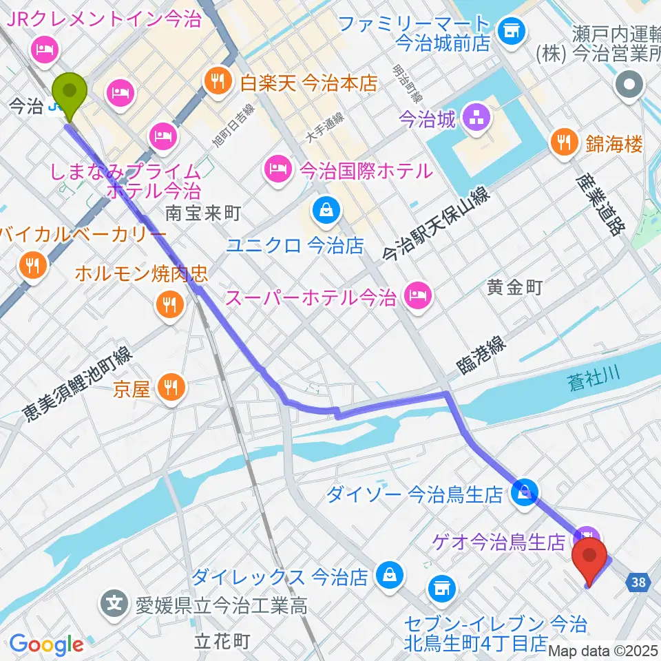 今治駅から今治ジャムサウンズへのルートマップ地図