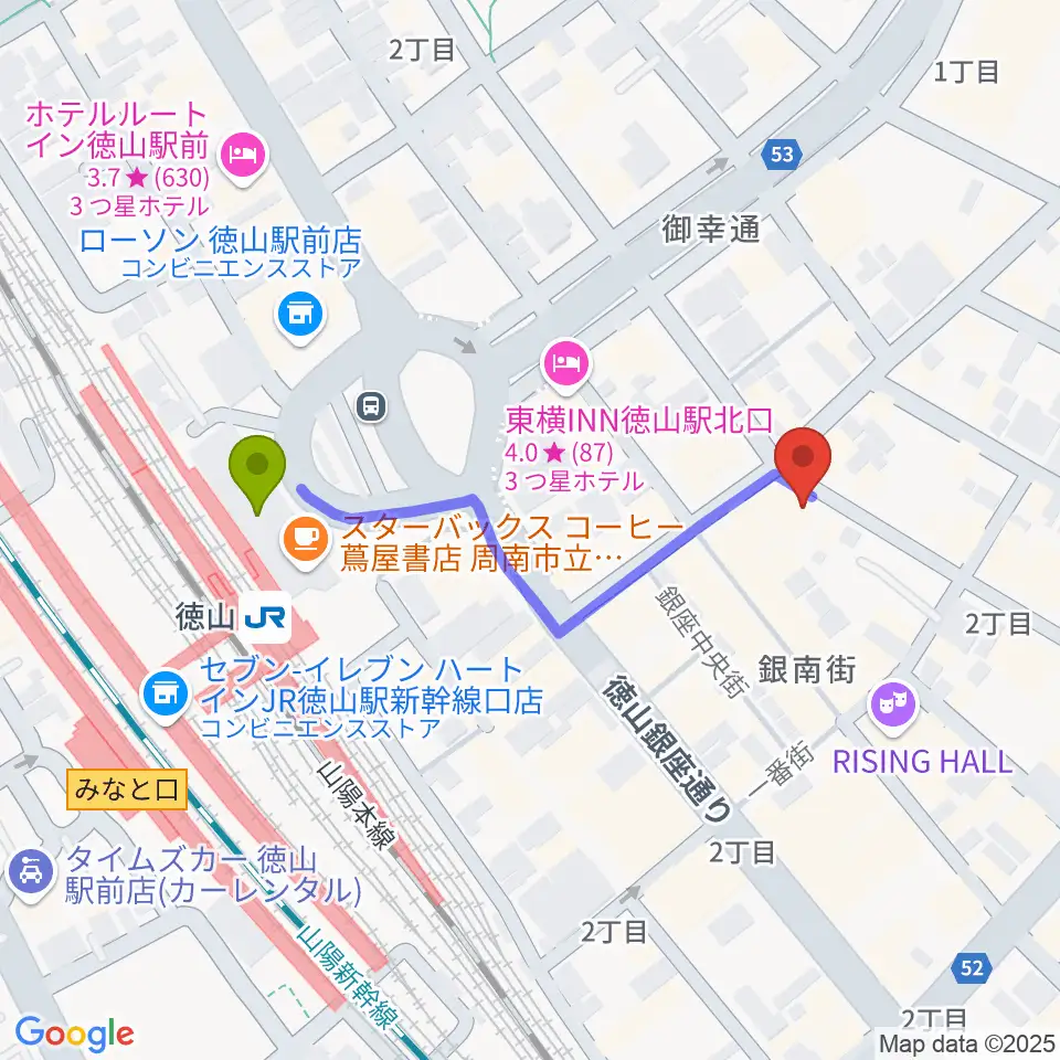 周南ライズの最寄駅徳山駅からの徒歩ルート（約4分）地図