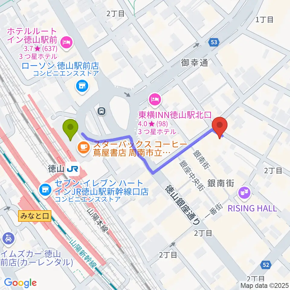 周南ライズの最寄駅徳山駅からの徒歩ルート（約4分）地図