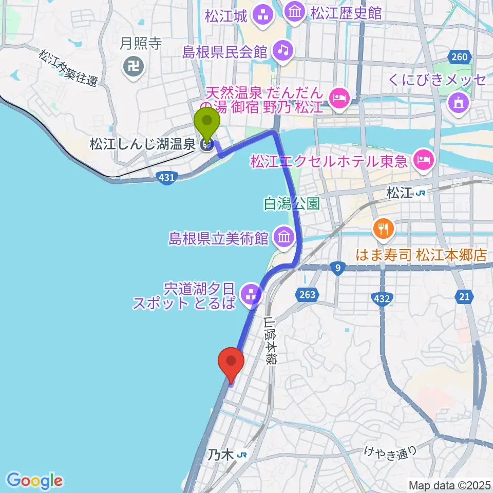 松江しんじ湖温泉駅から松江アズティックカノーバへのルートマップ地図