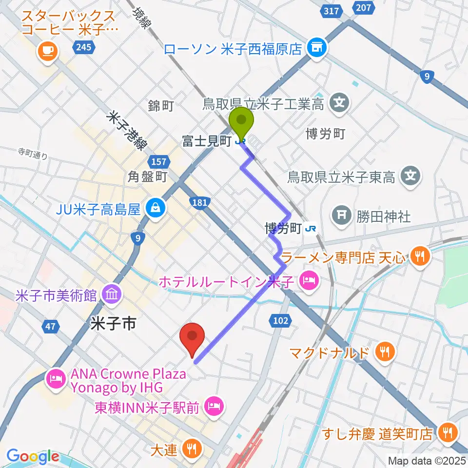 富士見町駅から米子アズティックラフズへのルートマップ地図