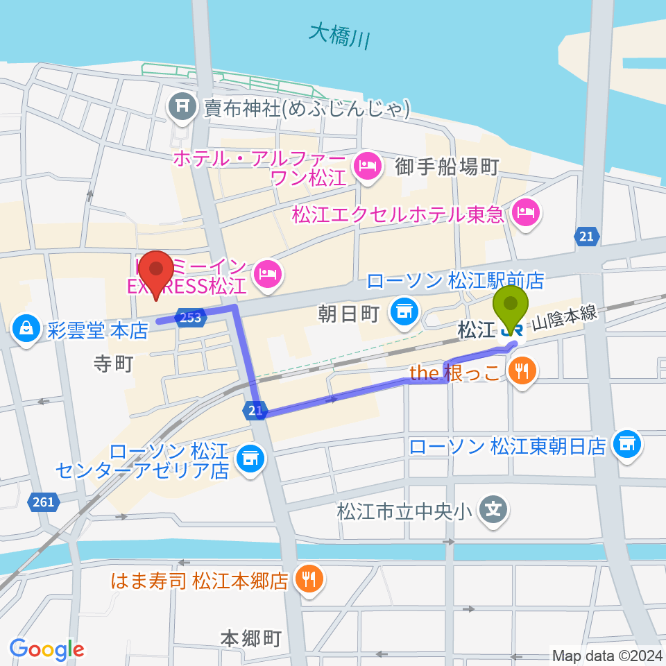 松江B1の最寄駅松江駅からの徒歩ルート（約8分）地図