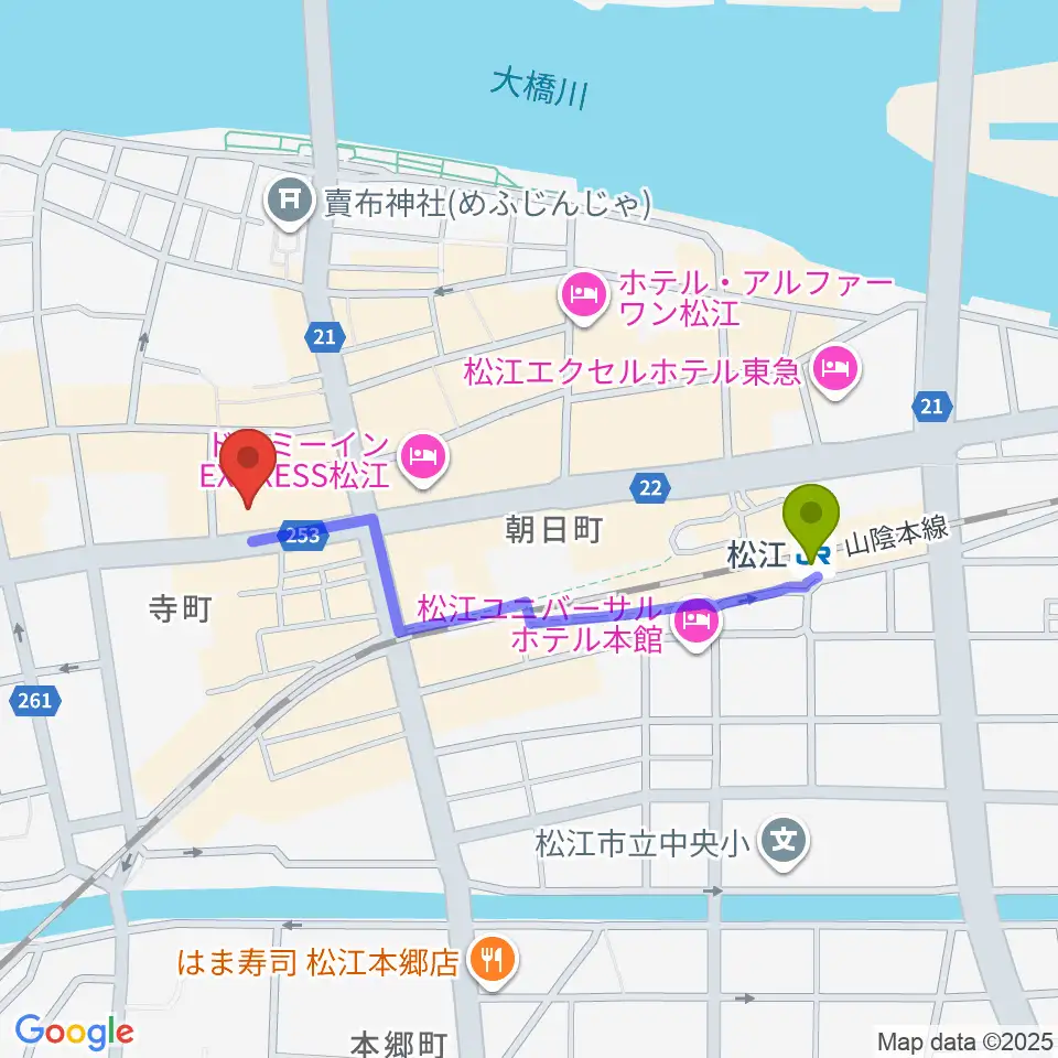 松江B1の最寄駅松江駅からの徒歩ルート（約8分）地図