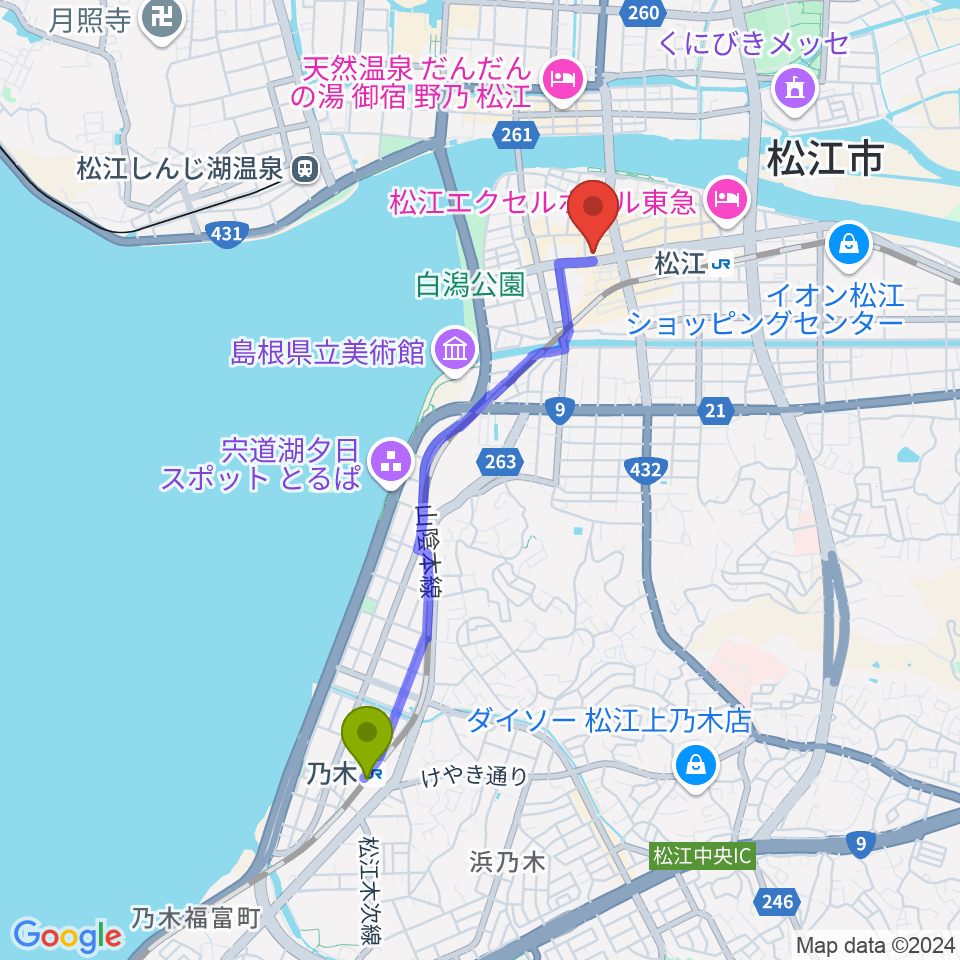 乃木駅から松江B1へのルートマップ地図