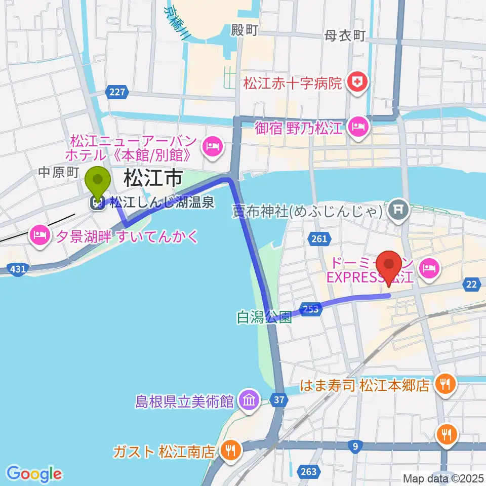 松江しんじ湖温泉駅から松江B1へのルートマップ地図