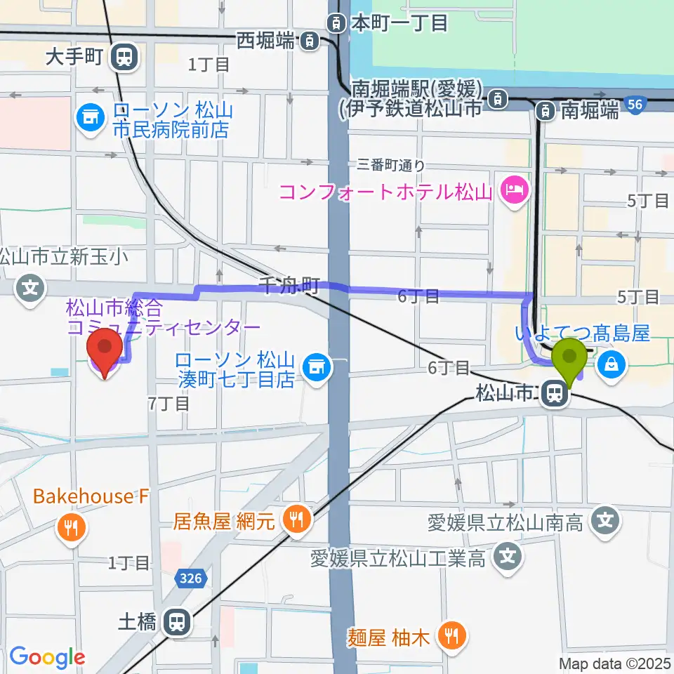 松山市駅から松山市総合コミュニティセンターへのルートマップ地図
