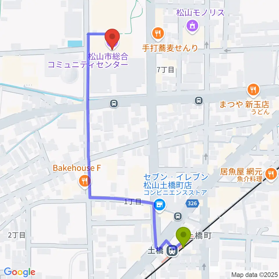 松山市総合コミュニティセンターの最寄駅土橋駅からの徒歩ルート（約6分）地図