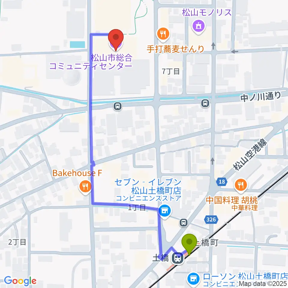 松山市総合コミュニティセンターの最寄駅土橋駅からの徒歩ルート（約6分）地図