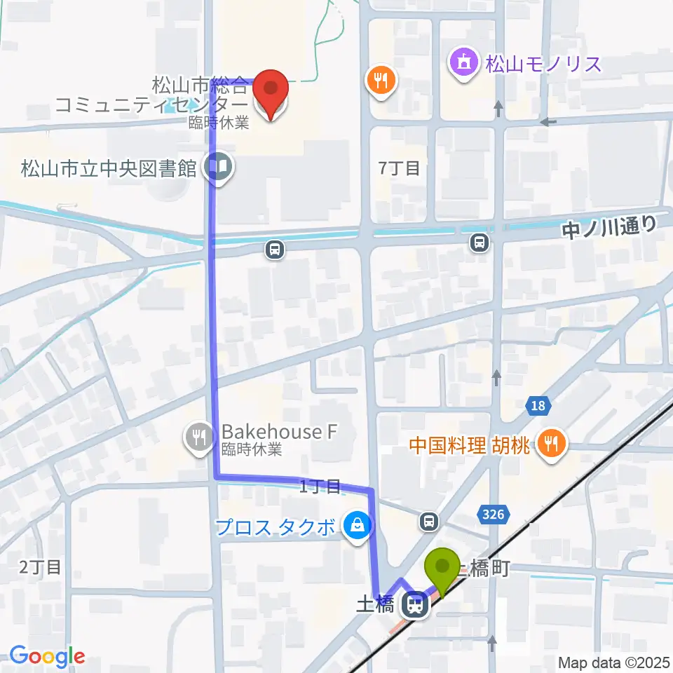 松山市総合コミュニティセンターの最寄駅土橋駅からの徒歩ルート（約6分）地図