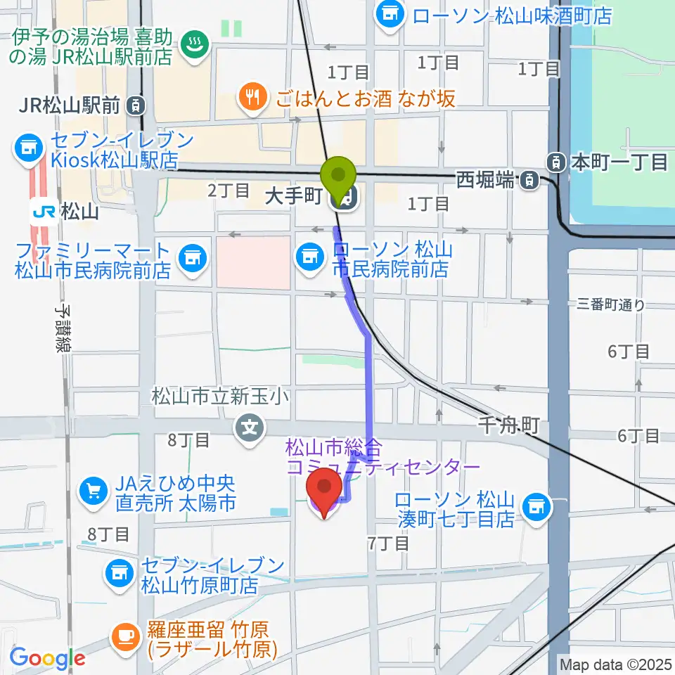 大手町駅から松山市総合コミュニティセンターへのルートマップ地図