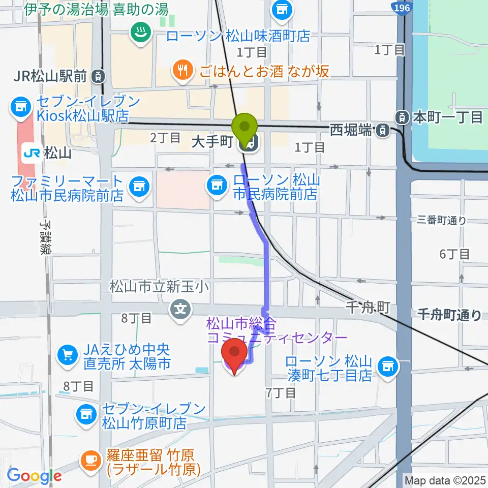 大手町駅から松山市総合コミュニティセンターへのルートマップ地図