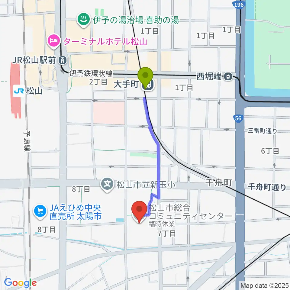 大手町駅から松山市総合コミュニティセンターへのルートマップ地図