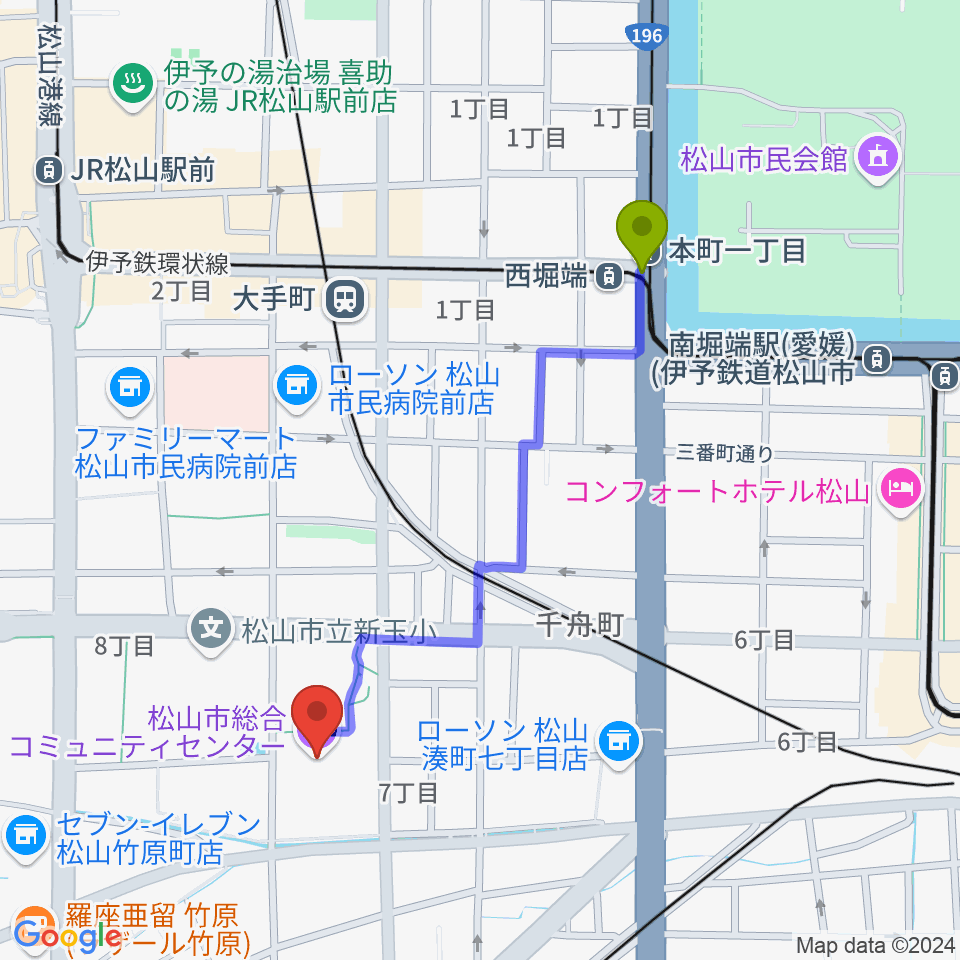 西堀端駅から松山市総合コミュニティセンターへのルートマップ地図