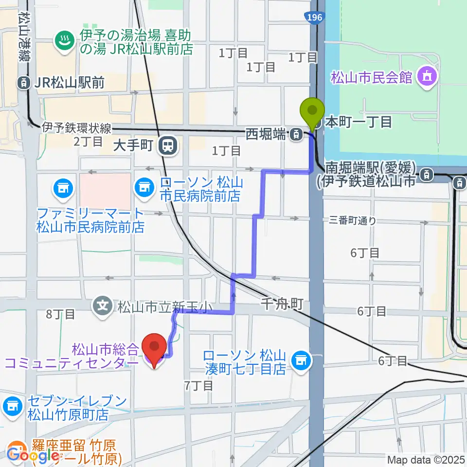 西堀端駅から松山市総合コミュニティセンターへのルートマップ地図