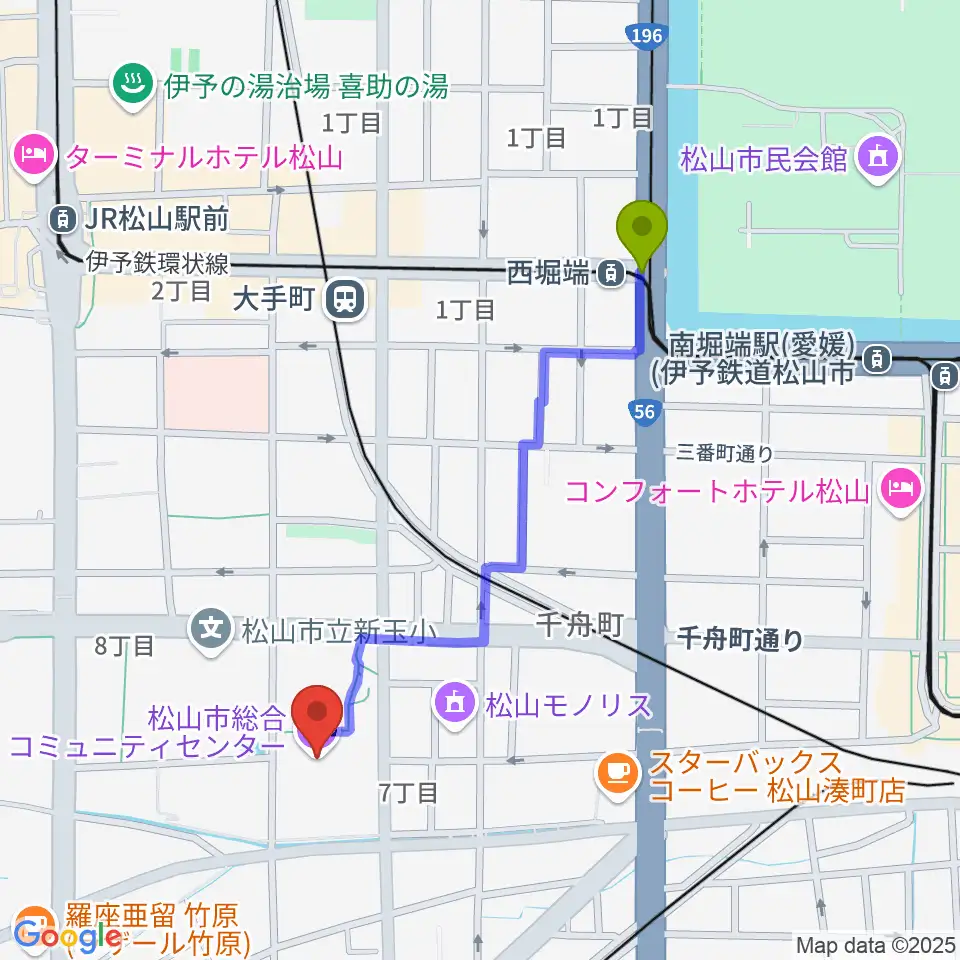 西堀端駅から松山市総合コミュニティセンターへのルートマップ地図