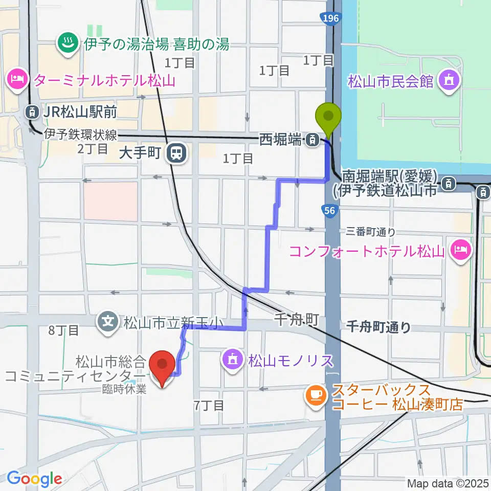 西堀端駅から松山市総合コミュニティセンターへのルートマップ地図